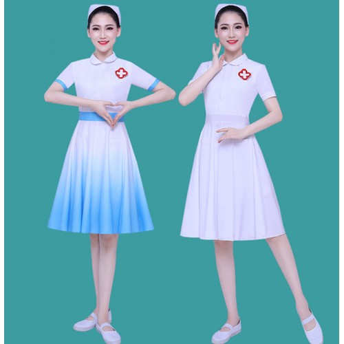 Women girls white blue color nurse doctor theme cosplay dance costume Modern dance performance group modern dance dress blue gradient dance clothes